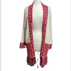 Kate Collection Cream & Neon Coral & Navy Fringe Cardigan Sweater Size Large